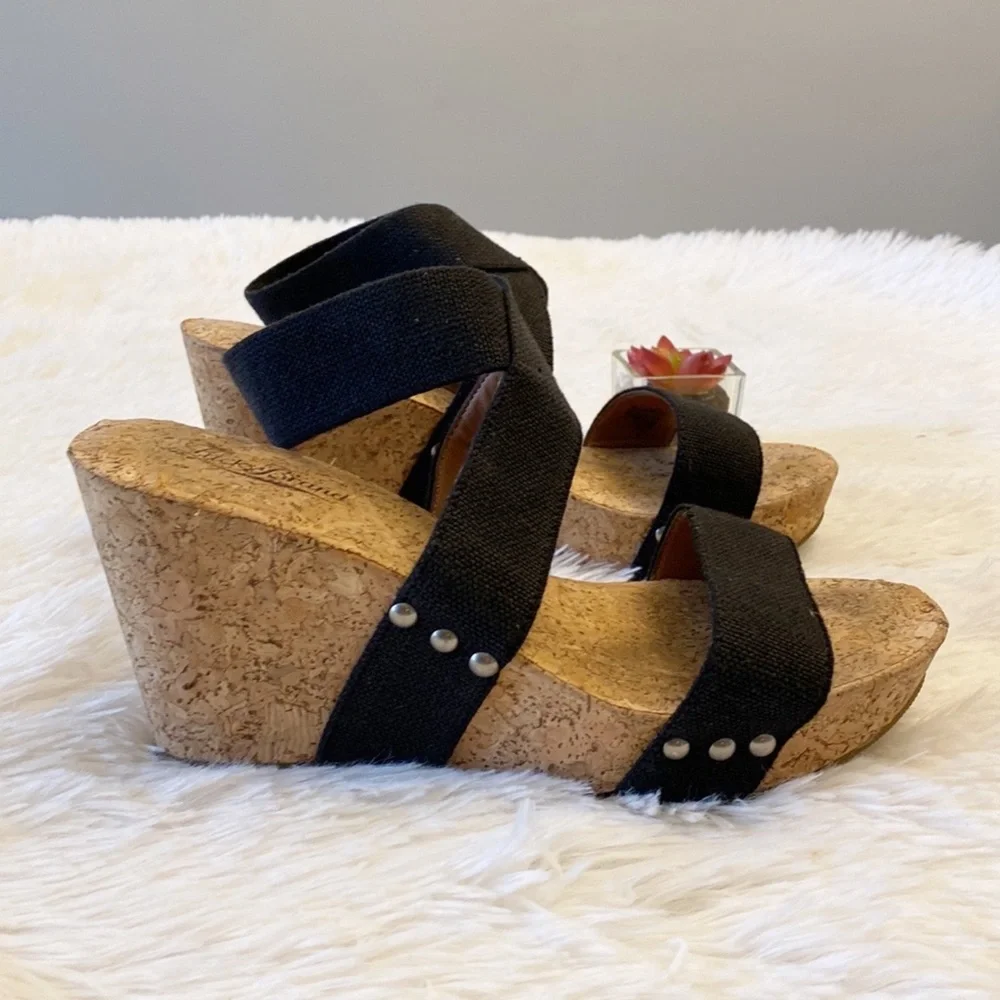 LUCKY BRAND | Marinah Black stretch wedge sandals heels women’s 9 - Picture 3 of 9